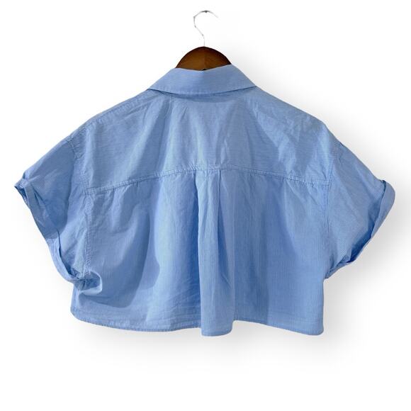 Zara Striped Poplin Cropped Shirt Short Sleeve Womens Size S Blue White Pockets - Picture 4 of 7
